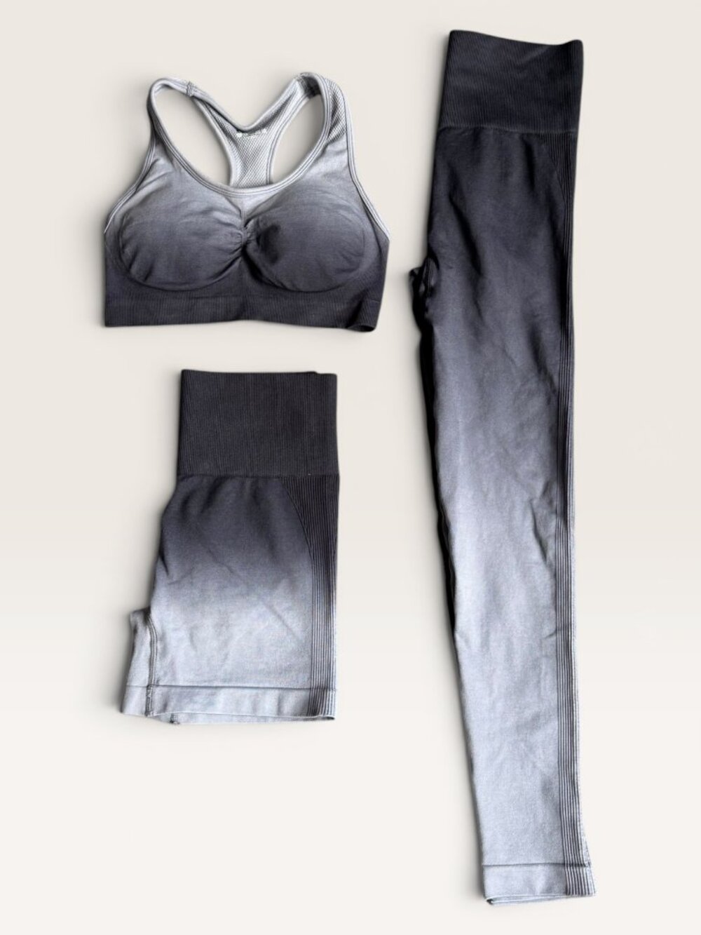 Ombré Grey 3 Pc Activewear Set Seamless Sports Bra + Bike Shorts + Compression L